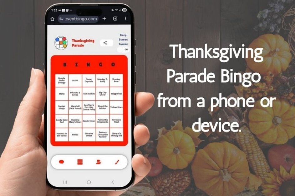 Thanksgiving Parade Bingo family watch party game.