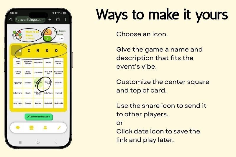 A digital baby shower bingo game displayed on a smartphone, featuring pastel baby shower decorations, gift-themed squares, and easy tap-to-mark gameplay. The screen shows baby shower ideas, baby shower activities, and baby shower gifts as part of a fun, free baby shower game that guests can play during the gift-opening moment.