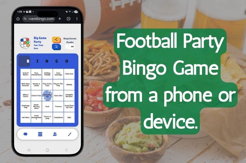 Football watch party bingo game played on phones at a big game event.