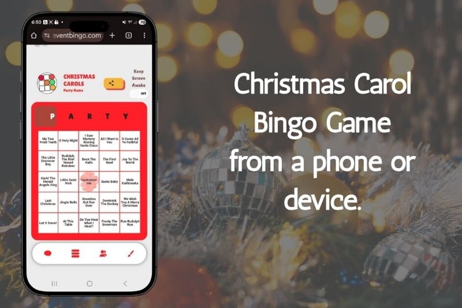 Christmas carols bingo game played at a party or while shopping.