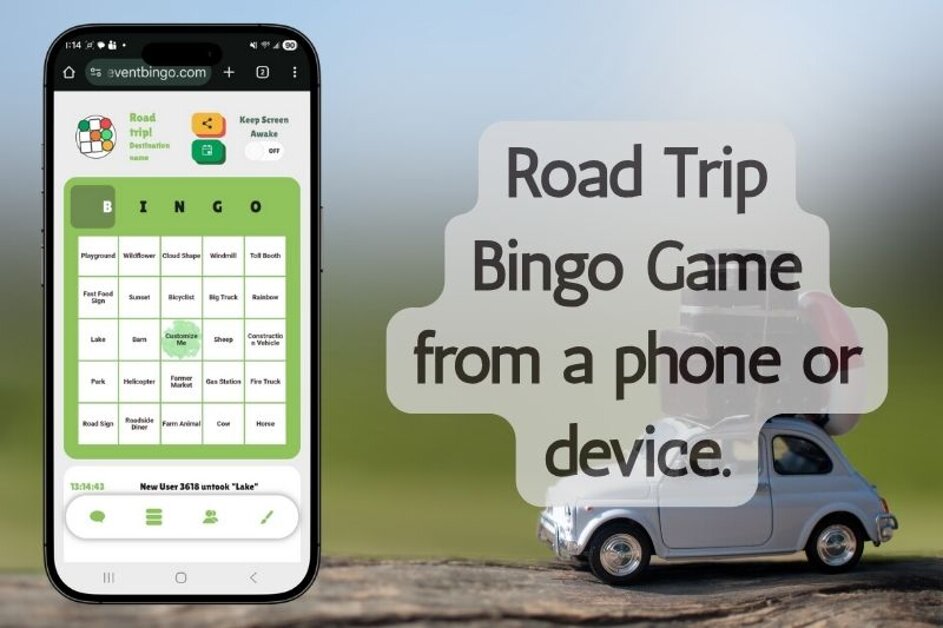 Family road trip bingo game for long drives and car ride activities.