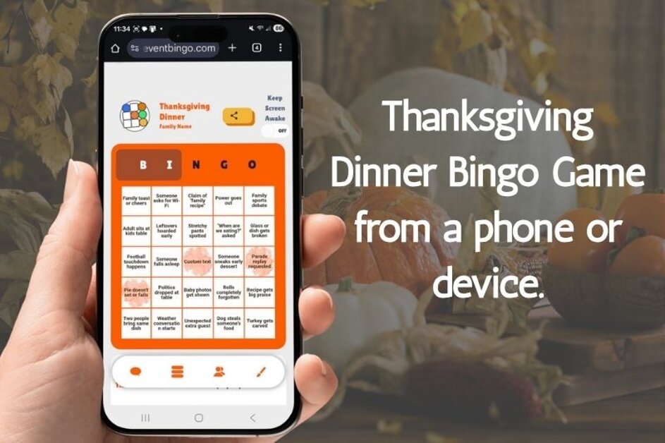 Family and friends playing a Thanksgiving dinner bingo game on their phones at the table.