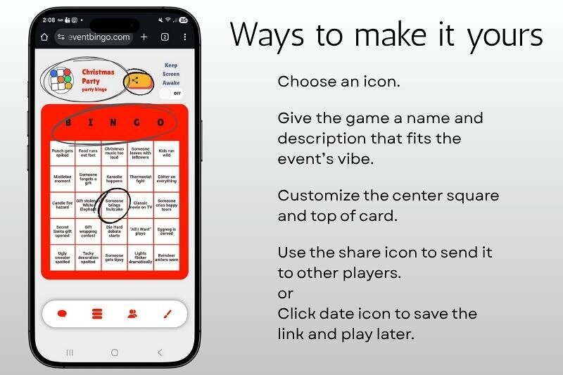 A smartphone screen showing a digital Christmas holiday party bingo game with festive icons and checkable squares.