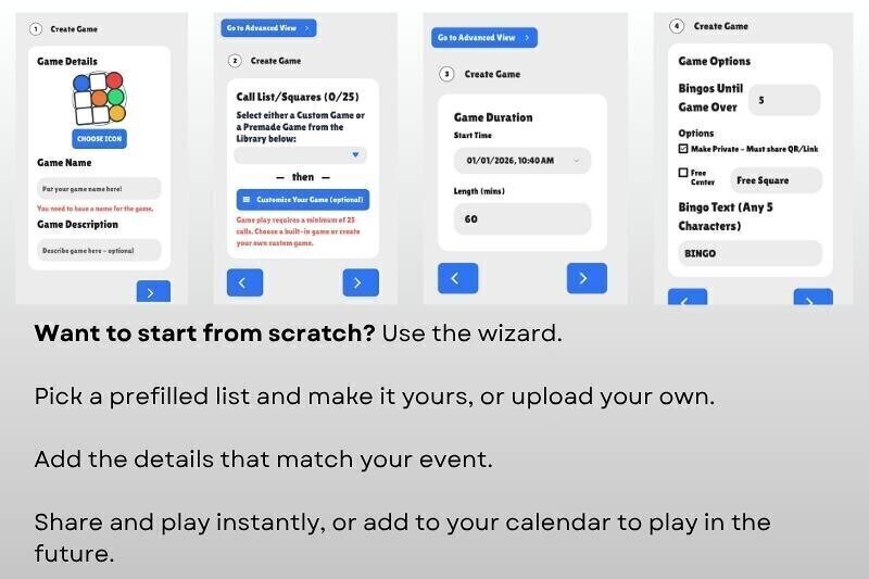 Screenshots of how to set up a My Event Bingo customizable CHRISTMAS BINGO game for a smartphone or desktop.