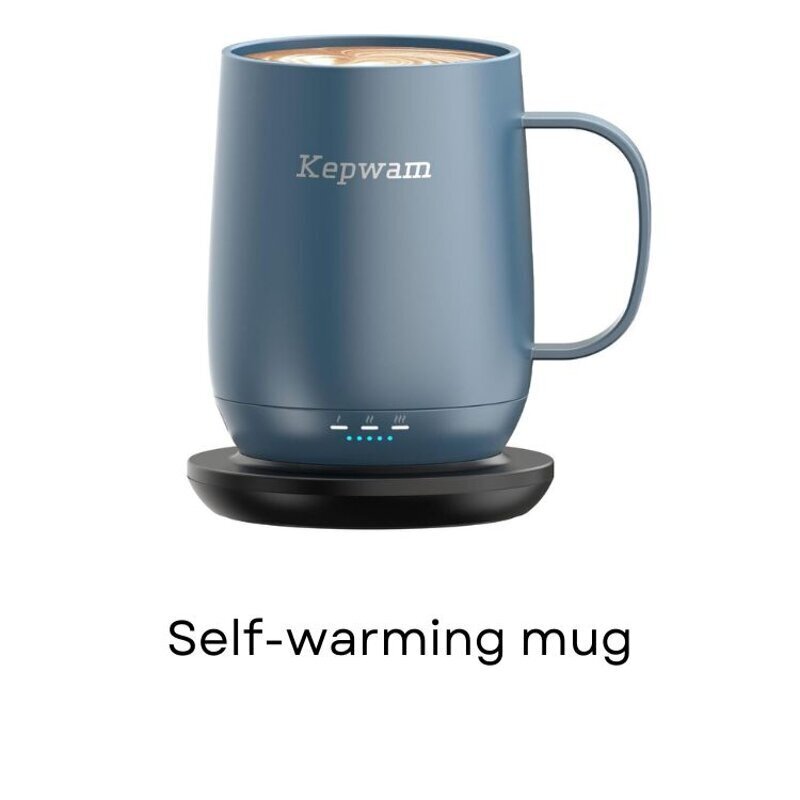 A heated coffee mug to give out as a prize to the winner of a digital Christmas holiday party bingo game with festive icons and checkable squares.