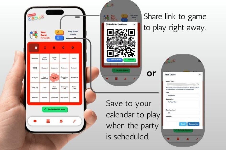 A smartphone screen showing a digital Christmas holiday party bingo game with festive icons and checkable squares.