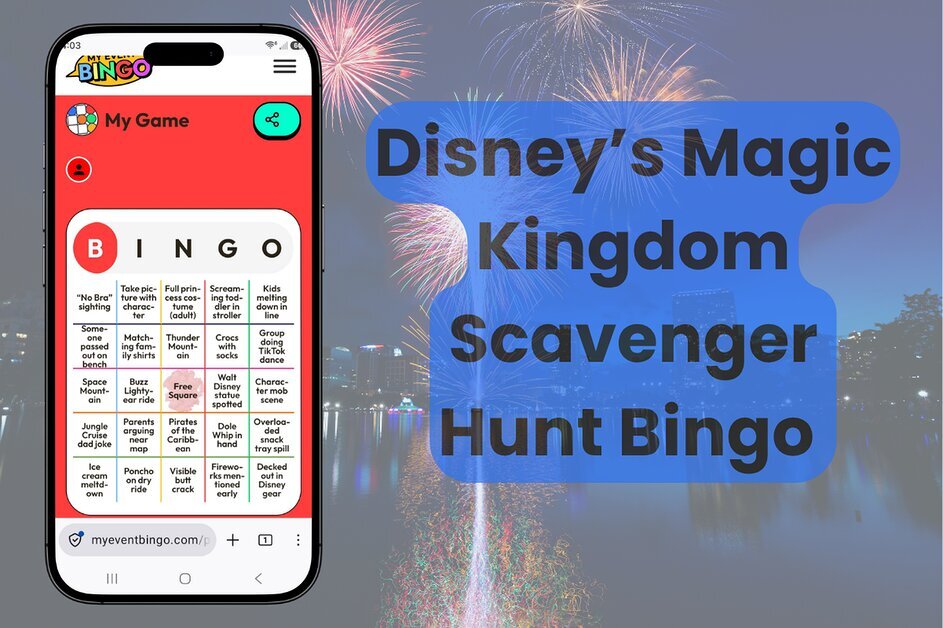 Disney Magic Kingdom Scavenger Hunt Bingo Game Board shown on a cell phone