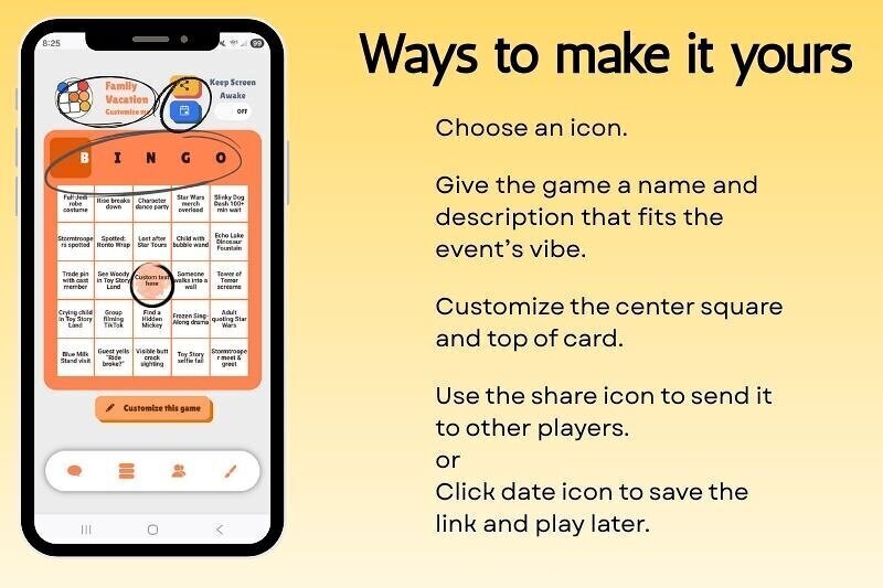 Screenshots of how to set up a My Event Bingo customizable game for a smartphone or desktop.