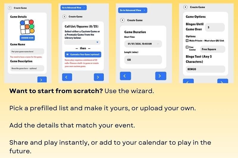 Screenshots of how to set up a My Event Bingo customizable game for a smartphone or desktop.