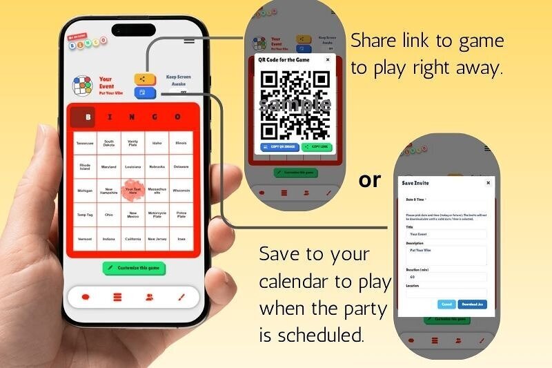 Screenshots of how to set up a My Event Bingo customizable game for a smartphone or desktop.