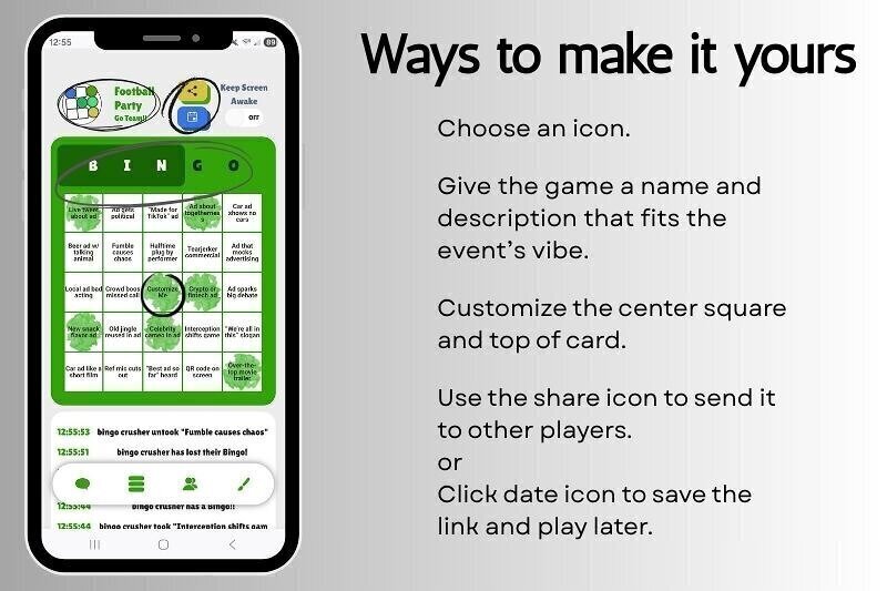 Screenshots of how to set up a My Event Bingo customizable Football Bowl Game game for a smartphone or desktop.