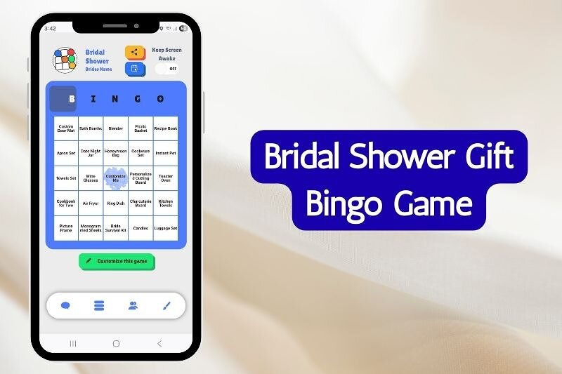 A smartphone screen displaying a digital bridal shower gift-opening bingo game, with a clean pink-and-white layout, custom squares filled with wedding shower gift ideas, and an easy tap-to-mark interface. The image shows a modern bridal shower activity where guests use their phones to play along as the couple opens presents. Great for wedding shower ideas, bridal shower games, and interactive gift-opening fun.