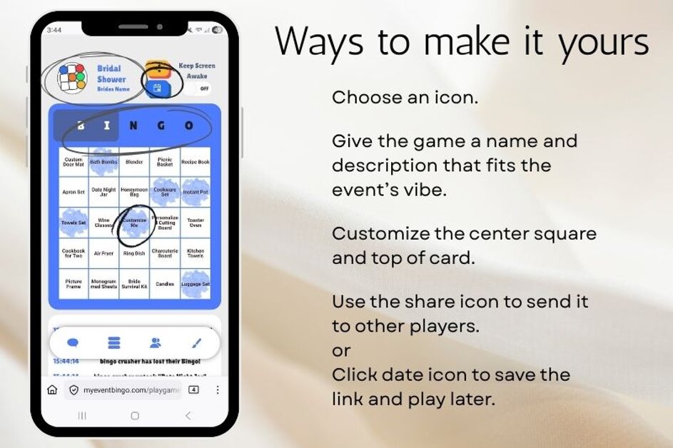 A smartphone screen displaying a digital bridal shower gift-opening bingo game, with a clean pink-and-white layout, custom squares filled with wedding shower gift ideas, and an easy tap-to-mark interface. The image shows a modern bridal shower activity where guests use their phones to play along as the couple opens presents. Great for wedding shower ideas, bridal shower games, and interactive gift-opening fun.