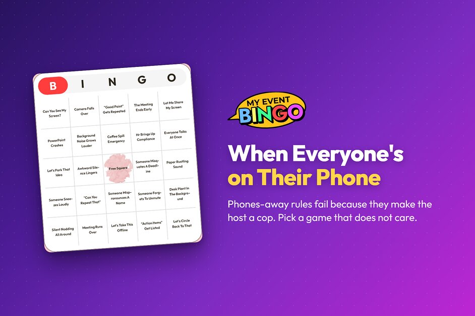 A live bingo board on a phone at a table where other people are also looking at their phones