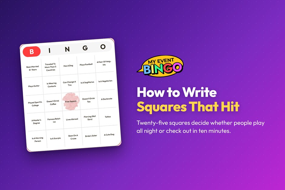 A live bingo board showing specific, checkable squares like Has A Dog and Can Change A Tire