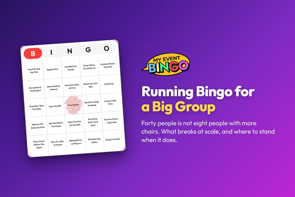 A live bingo board on a phone, the format that scales to a room of forty people