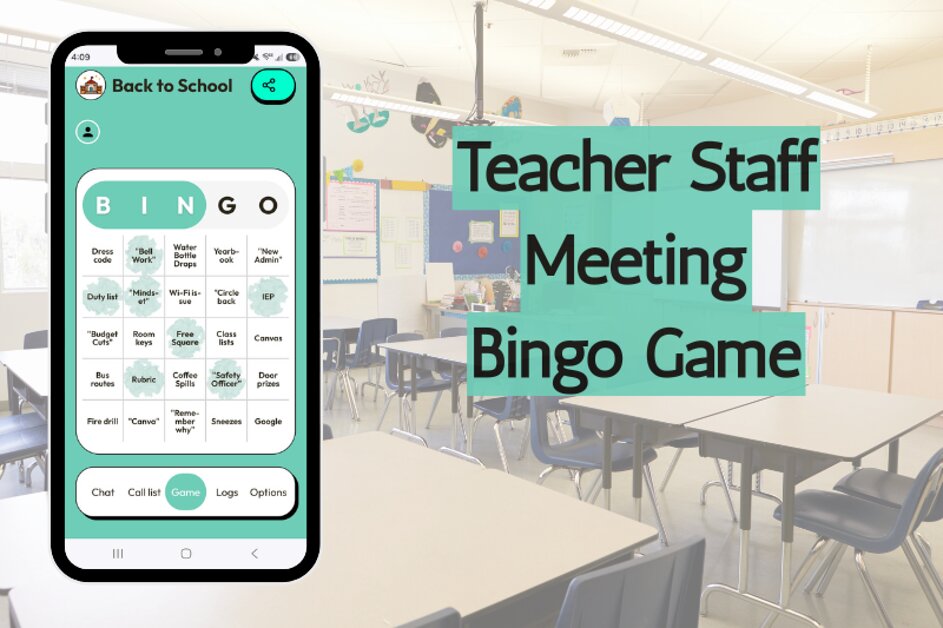 Bingo game shown on a cell phone for a teacher staff meeting