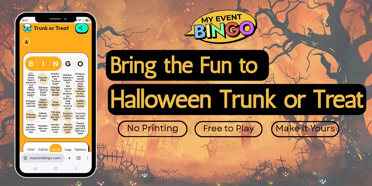 Halloween Trunk or Treat Bingo Game shown on a cell phone with a spooky Halloween background