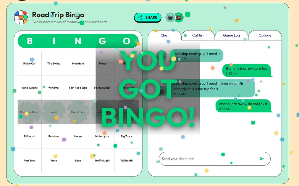 The winning screen reading YOU GOT BINGO in the player own colour, with confetti falling over the completed card