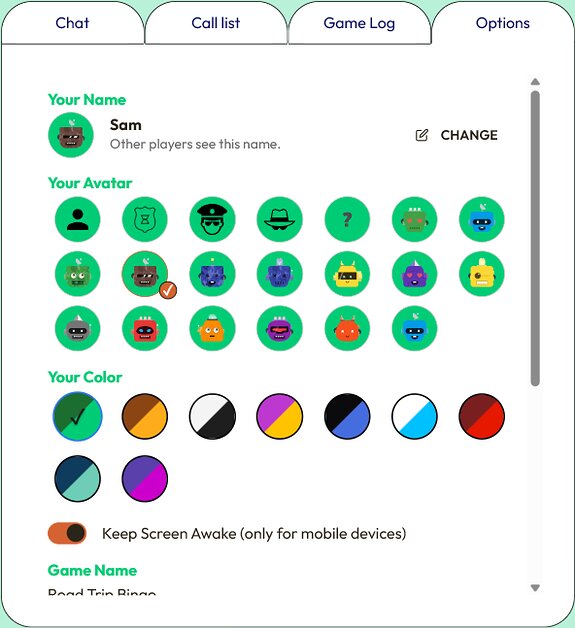 The Options tab showing Your Name with a Change button, a grid of avatars, a row of colour swatches and the Keep Screen Awake switch