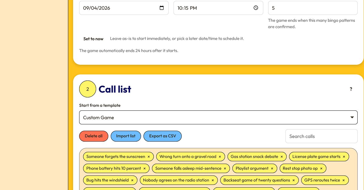 The create-game screen with custom bingo squares typed in.