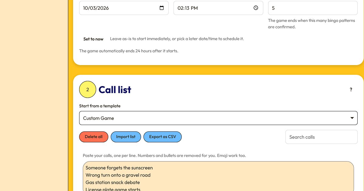 The import panel on the create-game page with a pasted list of squares and the export option.