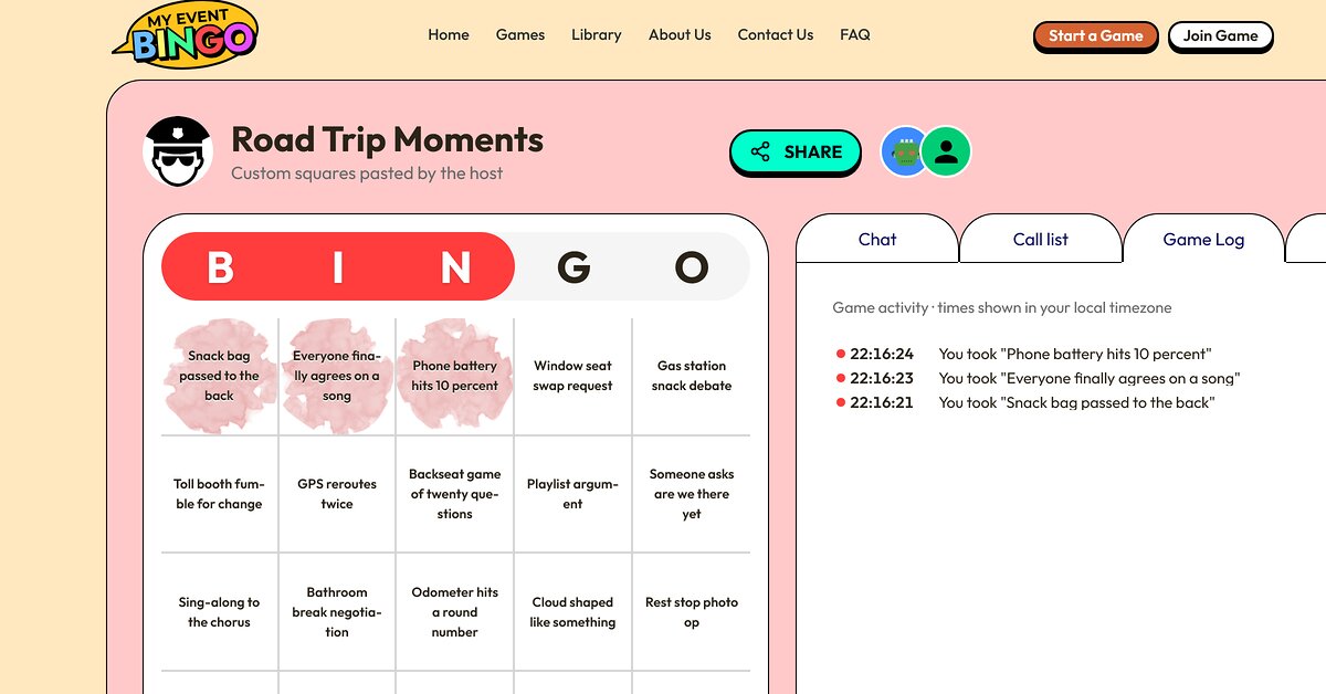 A bingo card whose squares are meeting moments instead of numbers, with one square marked.