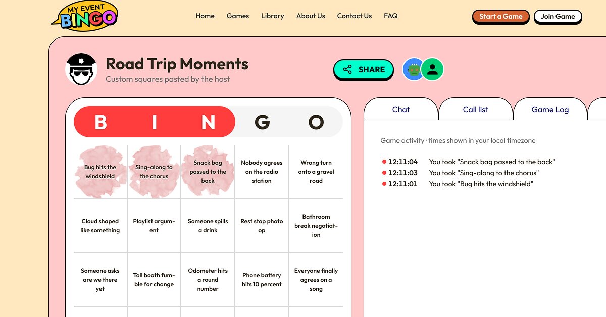 A road trip bingo card with moments marked and those player taps listed in the game log.