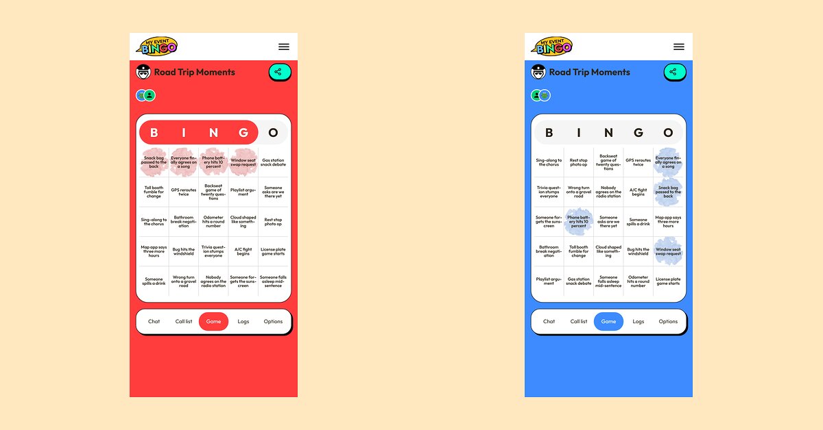 Two phones in the same bingo game, each showing a different shuffled card.