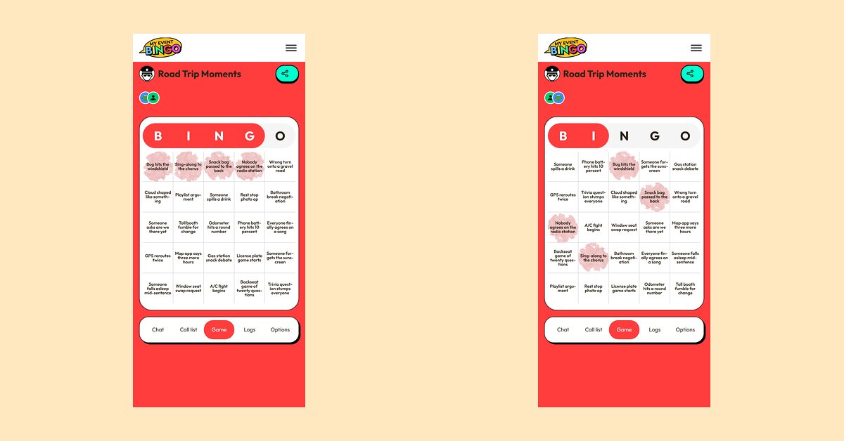Two phones showing different bingo cards from the same custom game.