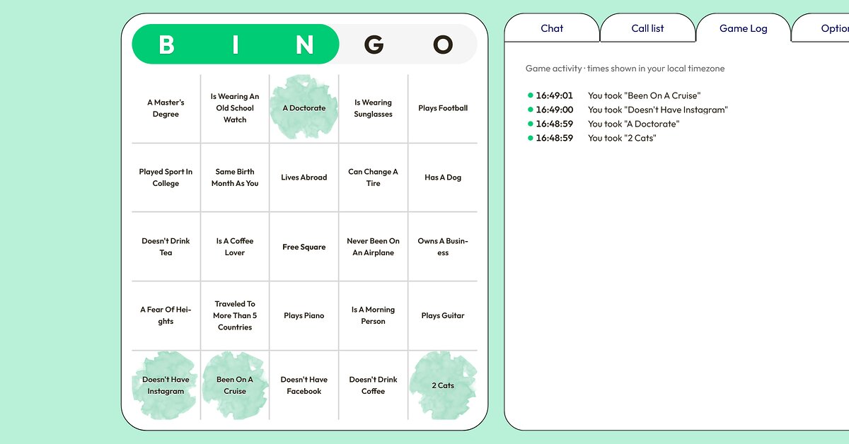 A getting-to-know-you bingo card on a phone with four squares marked, next to the game log