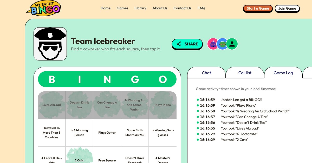 A completed top row on a human bingo card, with the bingo call in the game log