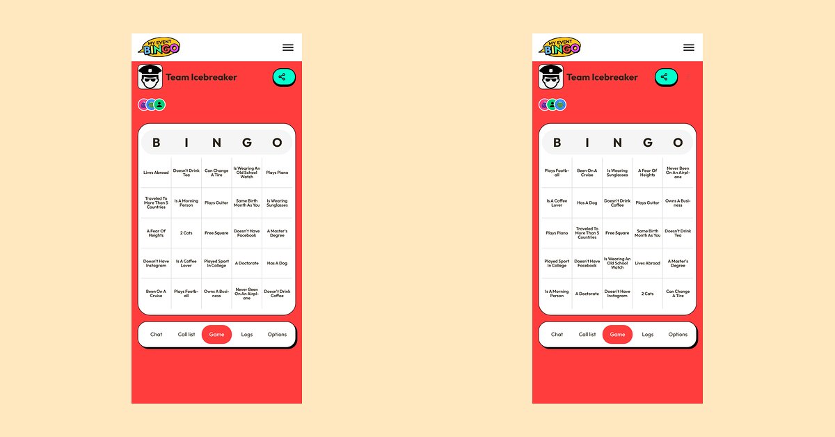 The same human bingo game on two phones, with the squares in a different order on each