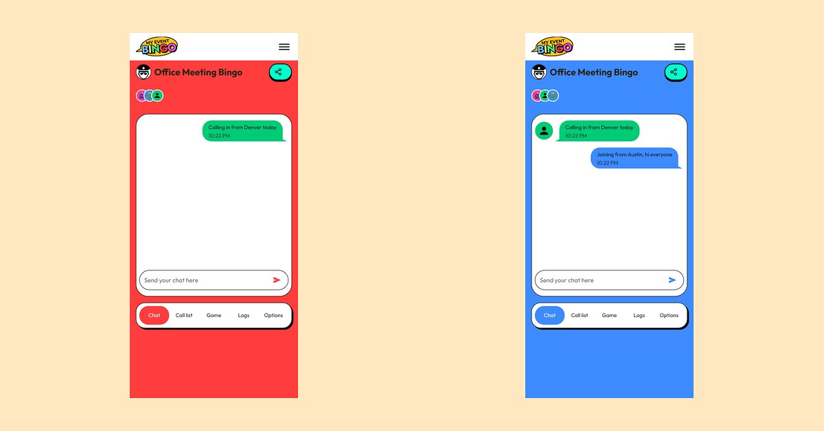 Two phones in different places playing the same live bingo game, with the chat open on both.