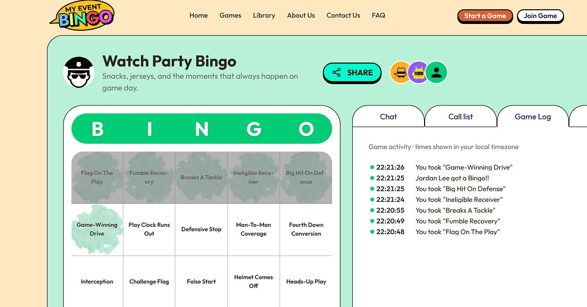 A bingo card mid-game with marks in the player's colour and the game log below it, desktop shell.