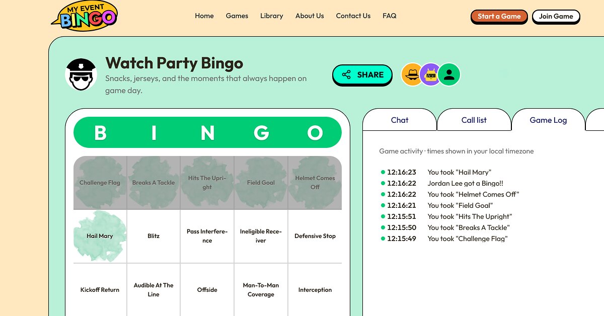 A bingo card mid-game with marks in the player's colour and the game log below it, desktop shell.