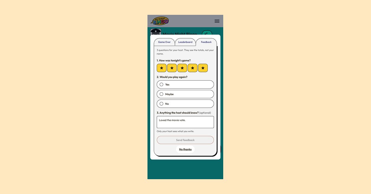 The feedback form on a phone at the end of the game, with a star rating picked, a question about playing again, and a typed comment.