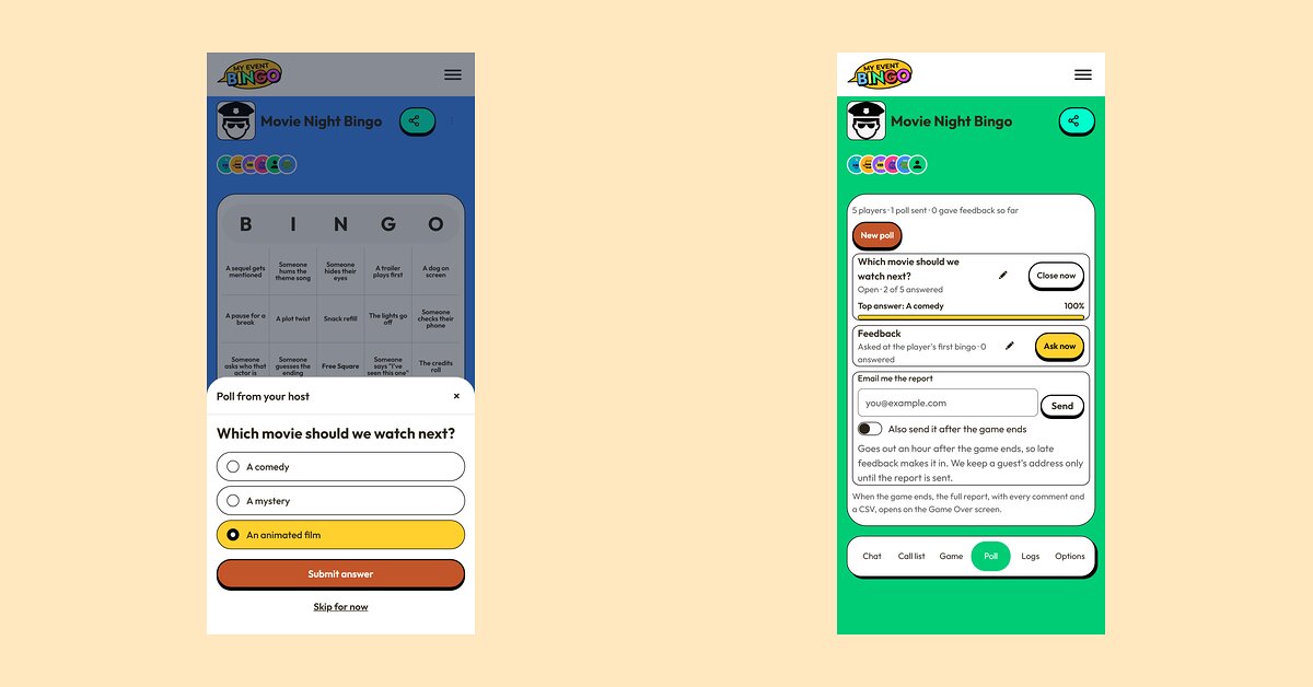 Two phones: a player's poll from the host with three answers and a Submit answer button, and the host's view of the same poll with the answers coming in.