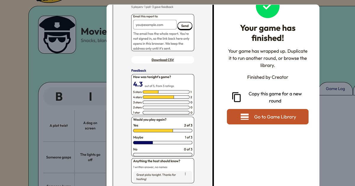 The survey report on the Game Over screen with the average rating, how many players would play again, and a player comment.