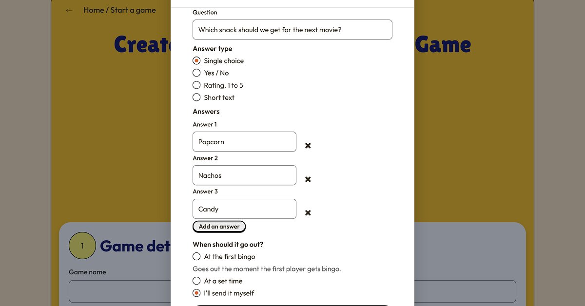 The poll editor with a question, three answers, and the options for when the poll goes out.