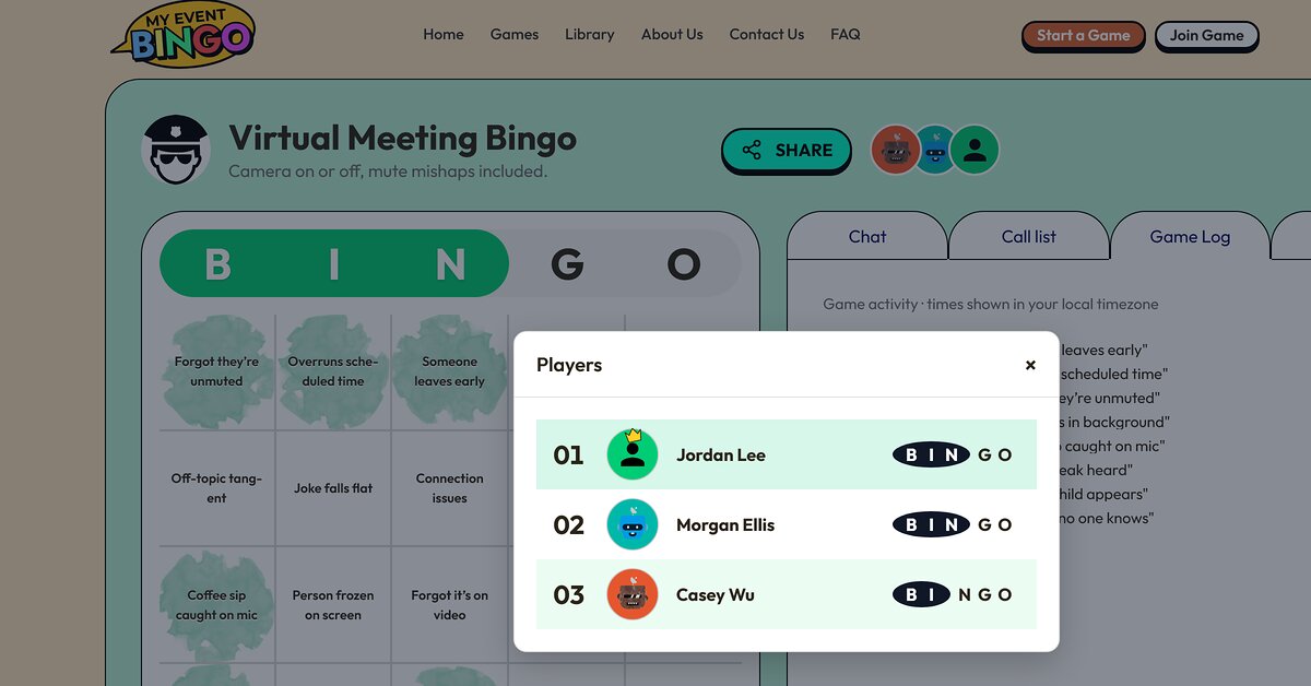 The desktop view of a virtual bingo game with the game log and the leaderboard.