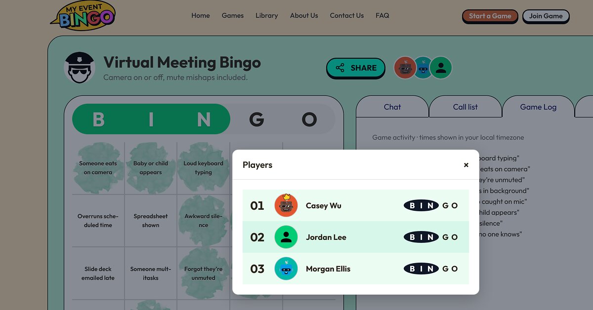 The desktop view of a virtual bingo game with the game log and the leaderboard.