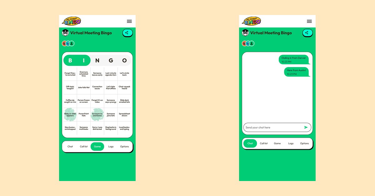 Two phones in different cities playing the same virtual bingo game, one on the card and one on the chat.