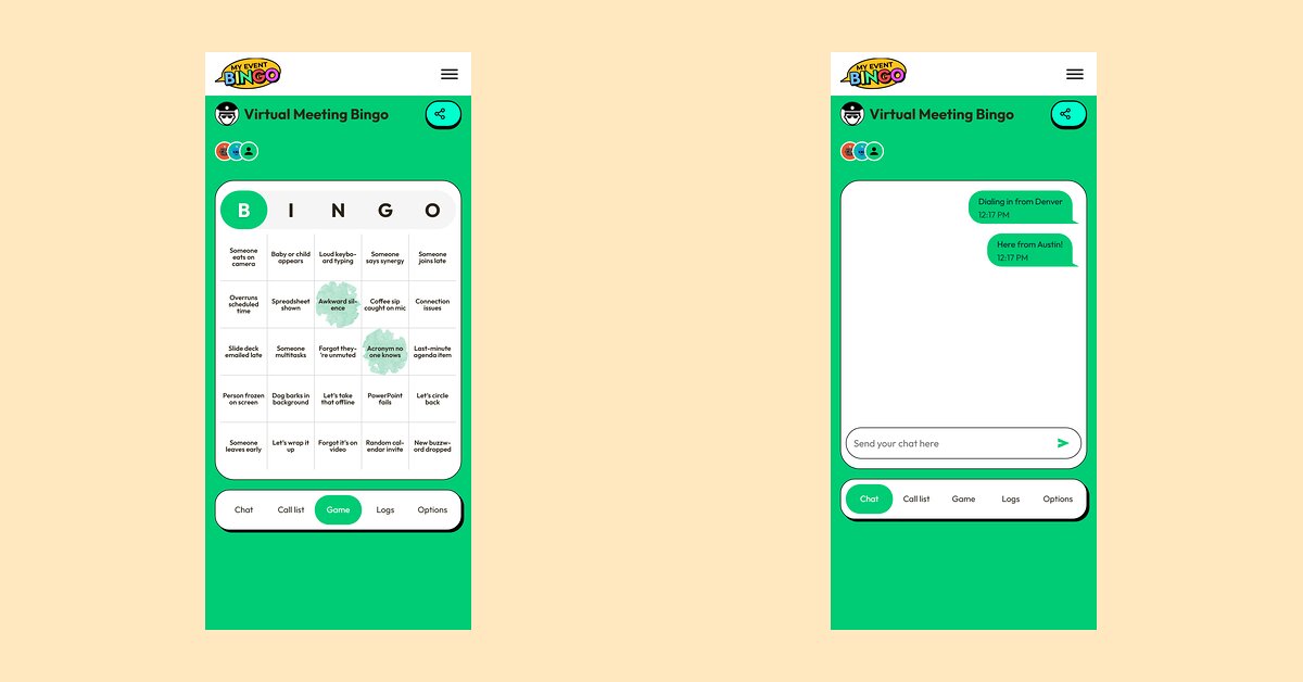 Two phones in different cities playing the same virtual bingo game, one on the card and one on the chat.
