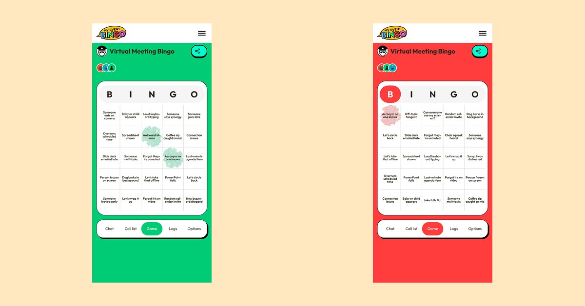 Two phones showing two different shuffled bingo cards from the same game.