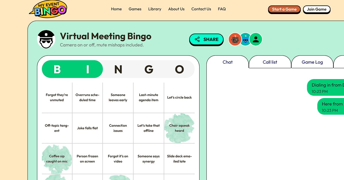 A bingo card of video-call moments such as You're on mute and Can everyone see my screen.