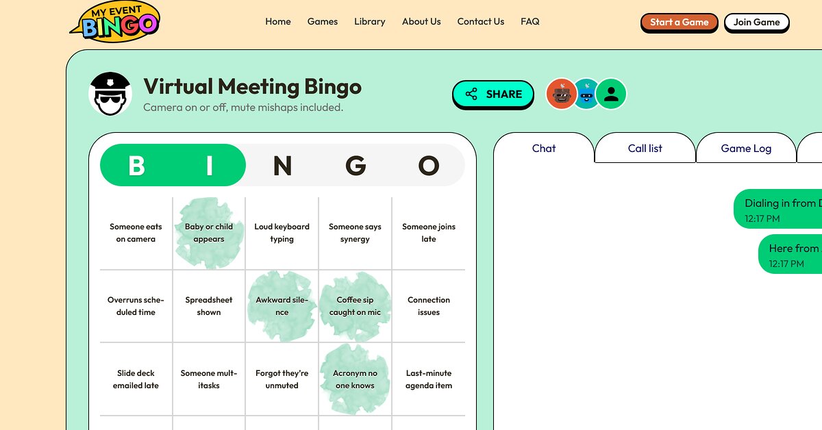 A bingo card of video-call moments such as You're on mute and Can everyone see my screen.